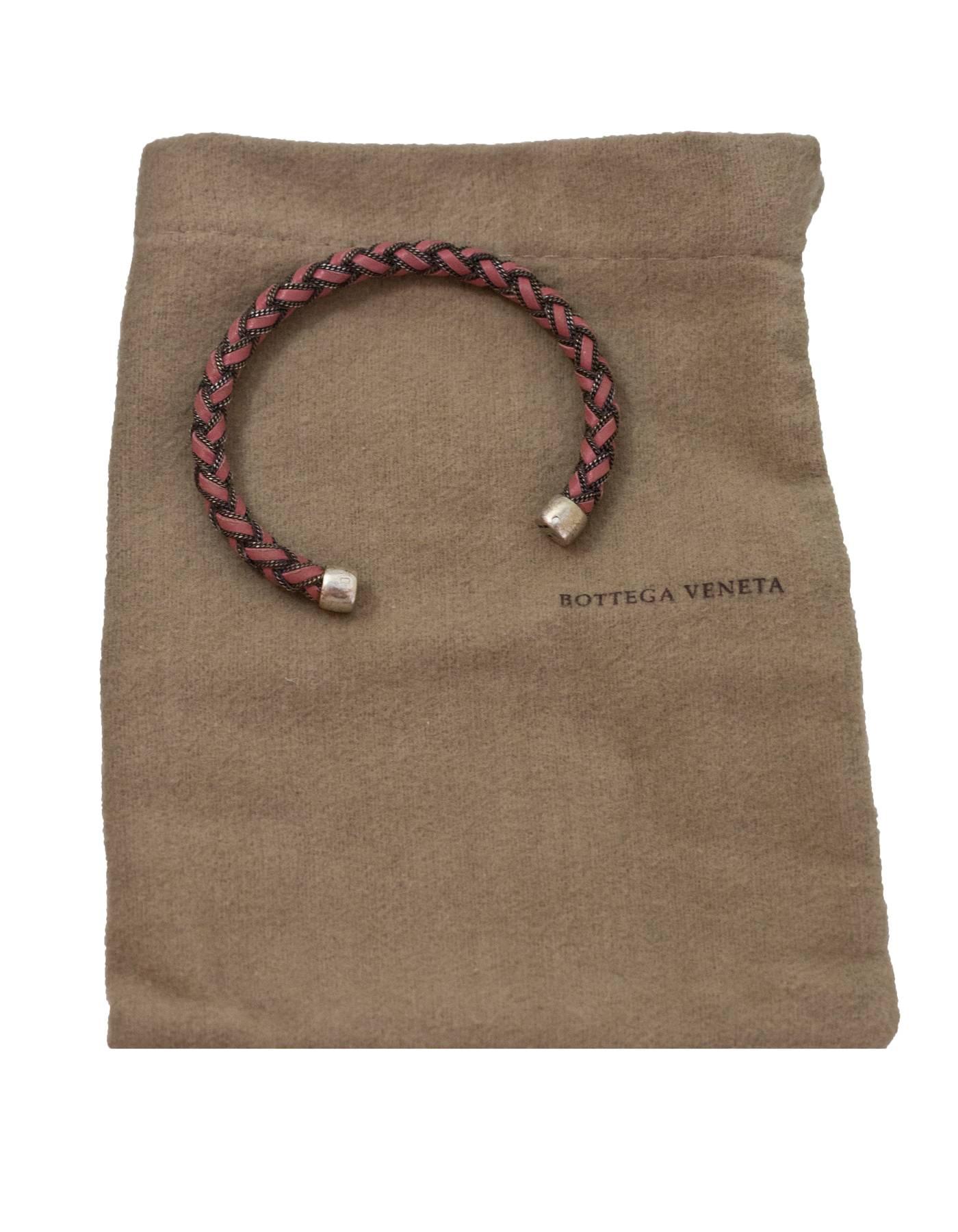 Bottega Veneta Pink Leather & Sterling Silver Braided Chain Cuff Bracelet 3