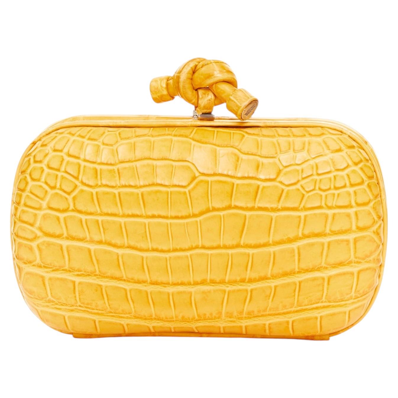 Pre-owned Bottega Veneta Pochette Knot Exotic Croc Leather Minaudiere Box Clutch Bag In Orange