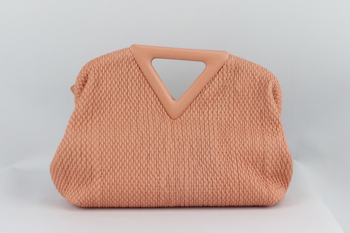 Bottega Veneta Point medium quilted leather tote bag. Made from peach-pink soft quilted leather with a structured magnetic frame, knotted shoulder strap and distinctive 'V' top handle. Peach. Magnetic fastening at top. Does not come with box or
