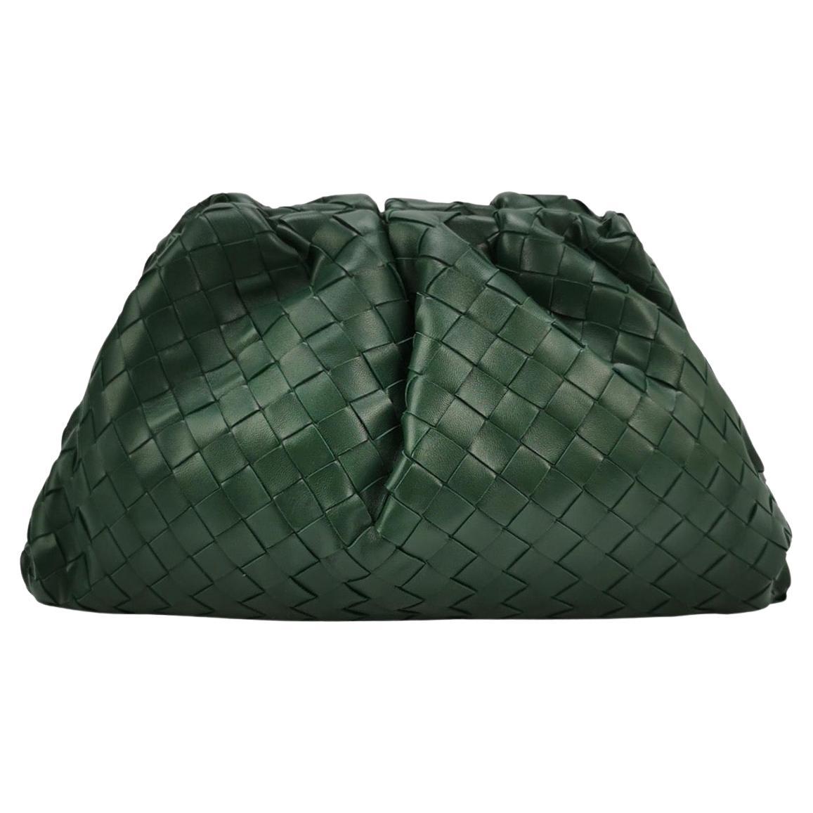 Bottega Veneta Pouch Large Intrecciato Dark Green Calfskin Leather Clutch