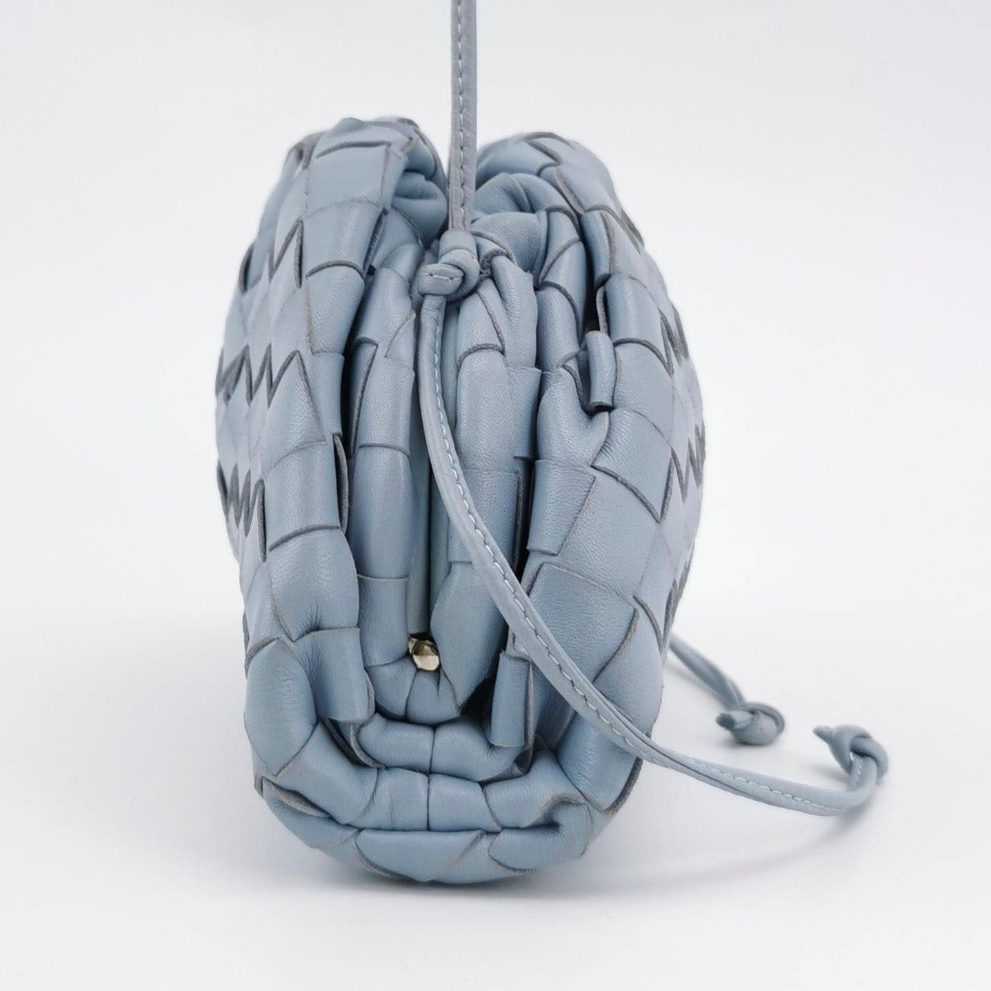 Gray Bottega Veneta Pouch Mini Intrecciato Blue Lambskin Leather Crossbody Bag For Sale