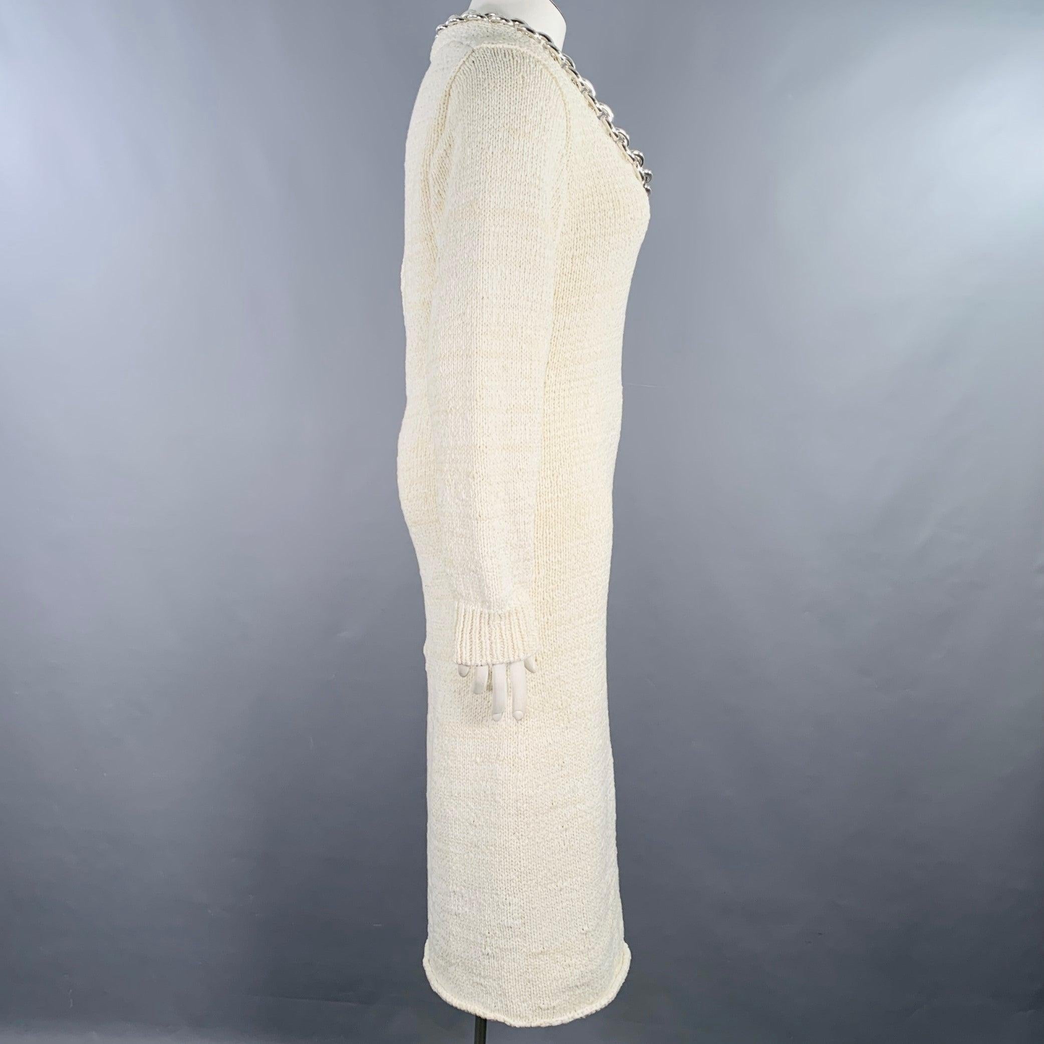 BOTTEGA VENETA Pre-Fall 2020 Size L Beige Silver Cotton Blend Chain Long Sleeve Dress In Excellent Condition For Sale In San Francisco, CA