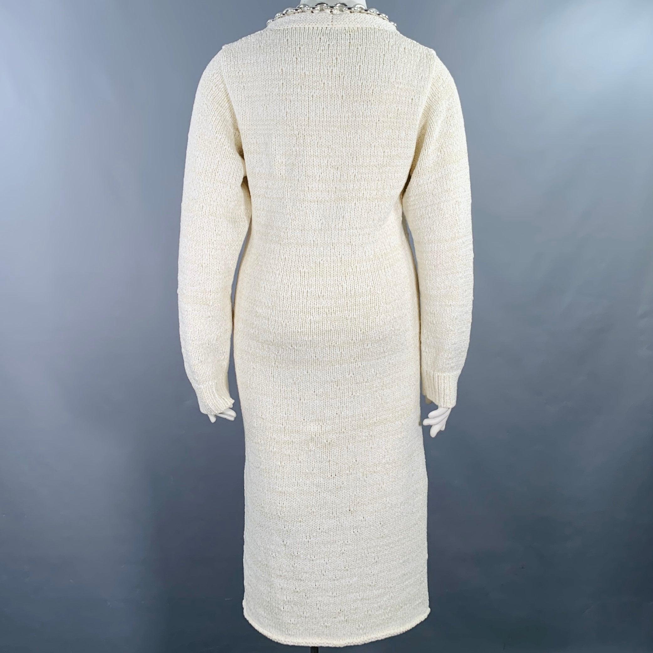 Women's BOTTEGA VENETA Pre-Fall 2020 Size L Beige Silver Cotton Blend Chain Long Sleeve Dress For Sale