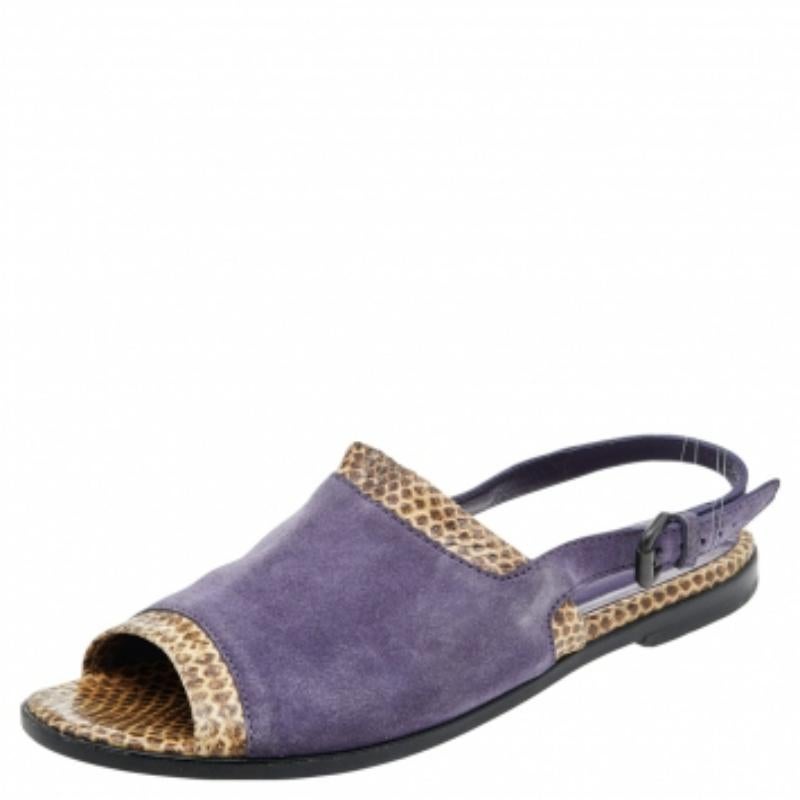 Bottega Veneta Purple/Beige Suede Python Leather Slingback Flat Sandals Size 41 Pour femmes en vente
