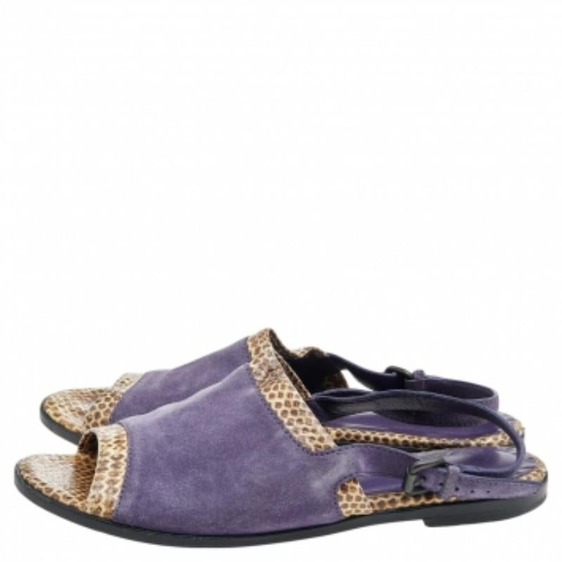 Bottega Veneta Purple/Beige Suede Python Leather Slingback Flat Sandals Size 41 en vente 3