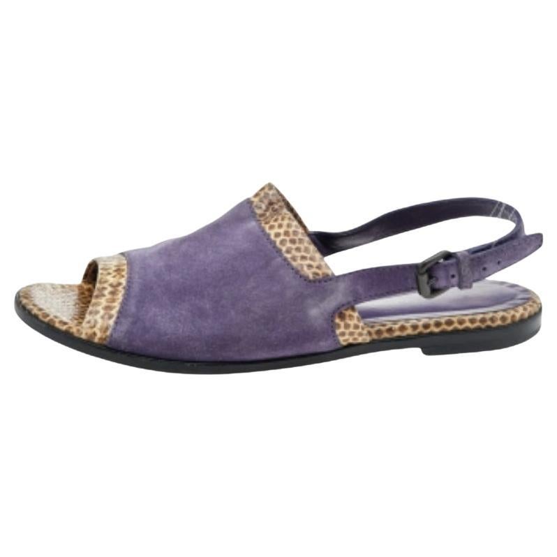 Bottega Veneta Purple/Beige Suede Python Leather Slingback Flat Sandals Size 41 en vente