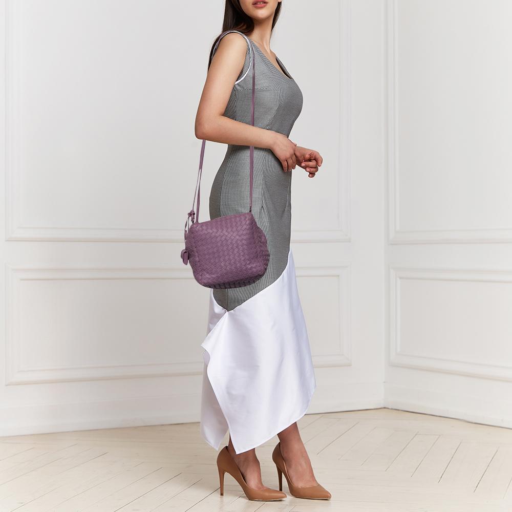 Gray Bottega Veneta Purple Intrecciato Leather Long Strap Crossbody Bag