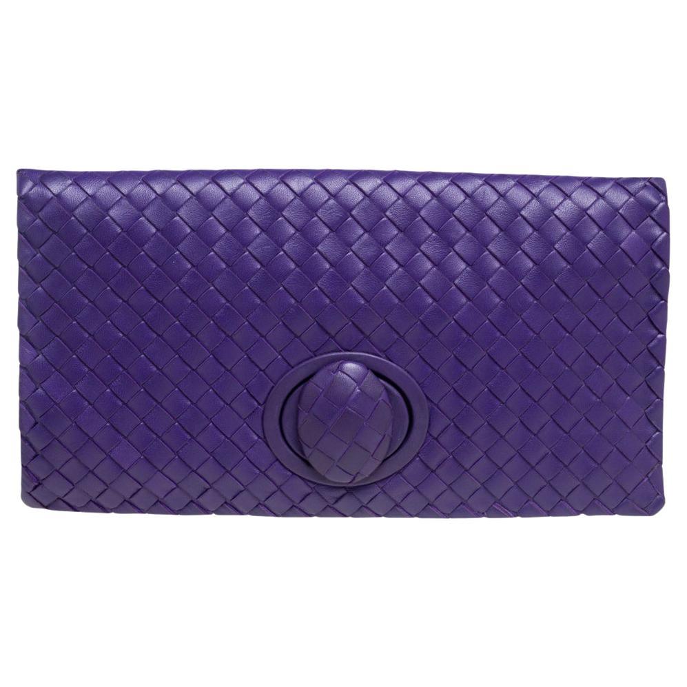 Bottega Veneta Purple Intrecciato Leather Turnlock Clutch
