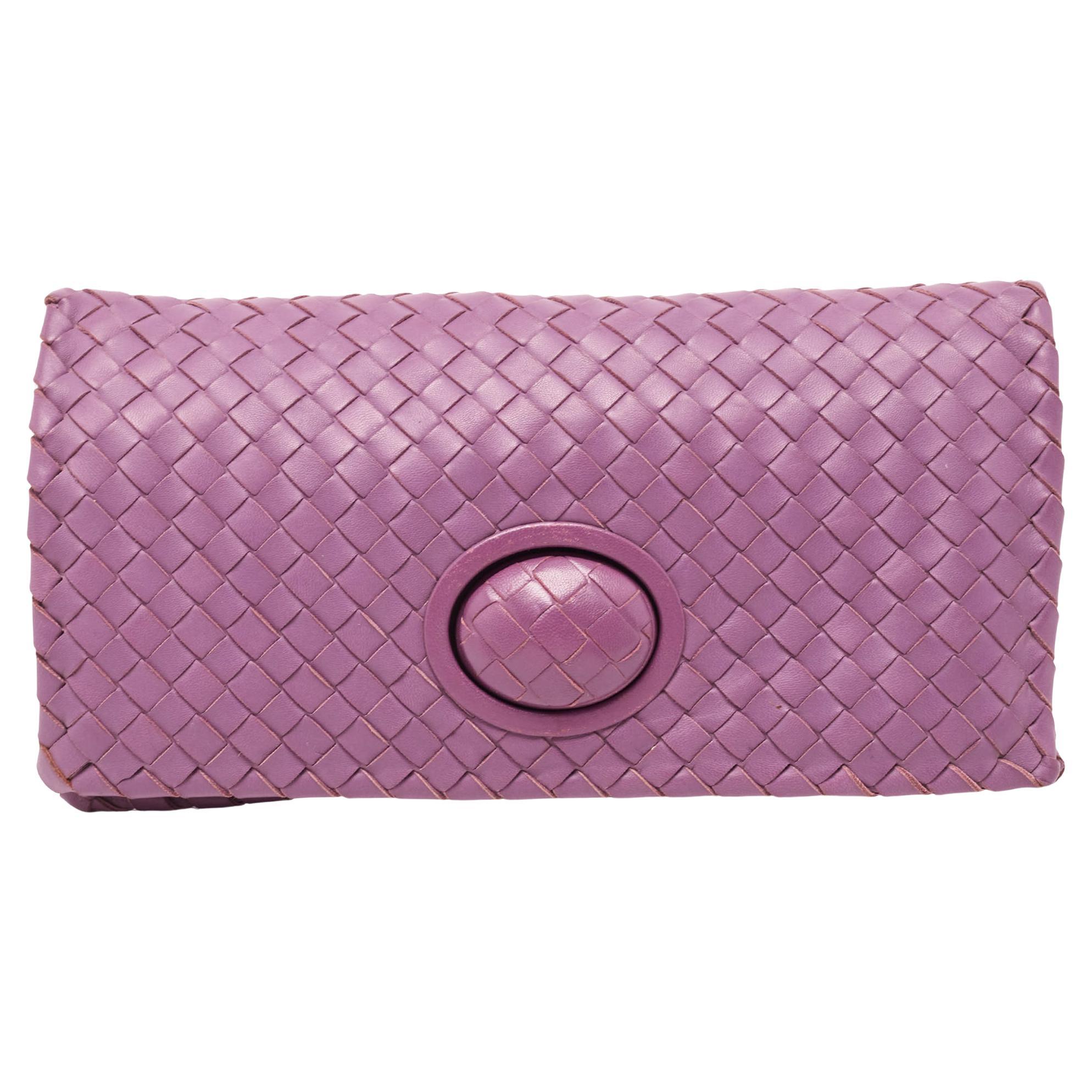 Bottega Veneta Purple Intrecciato Leather Twist Lock Flap Clutch For Sale