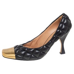 Bottega Veneta Quilted Black Leather Square Metal Cap Toe Pumps Size 39