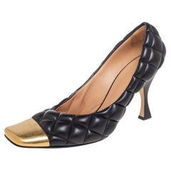 Bottega Veneta Quilted Black Leather Square Metal Cap Toe Pumps Size 39