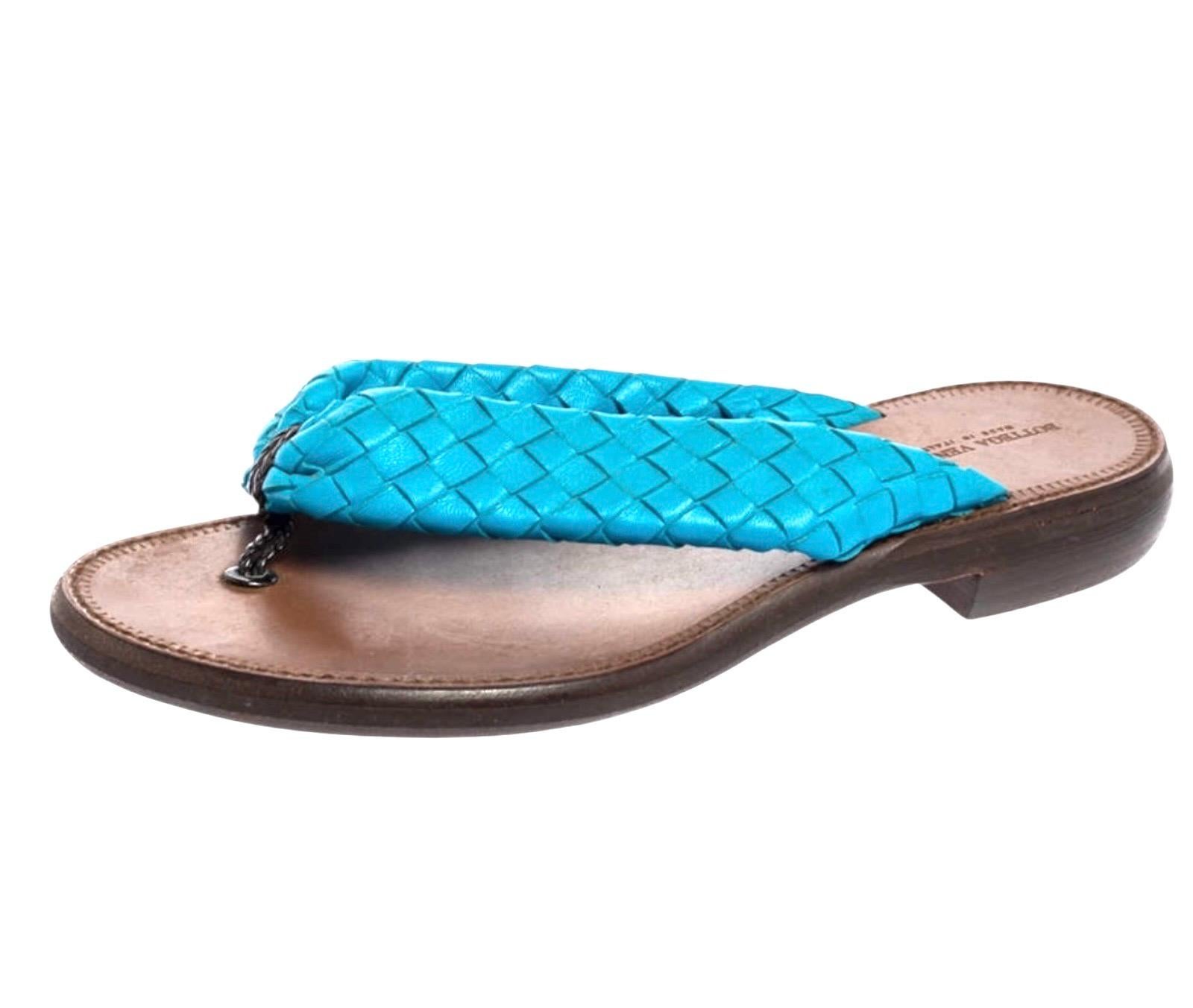 Women's BOTTEGA VENETA Rare Turquoise Aqua Intrecciato Flip Flop Thong Sandals 38.5 For Sale