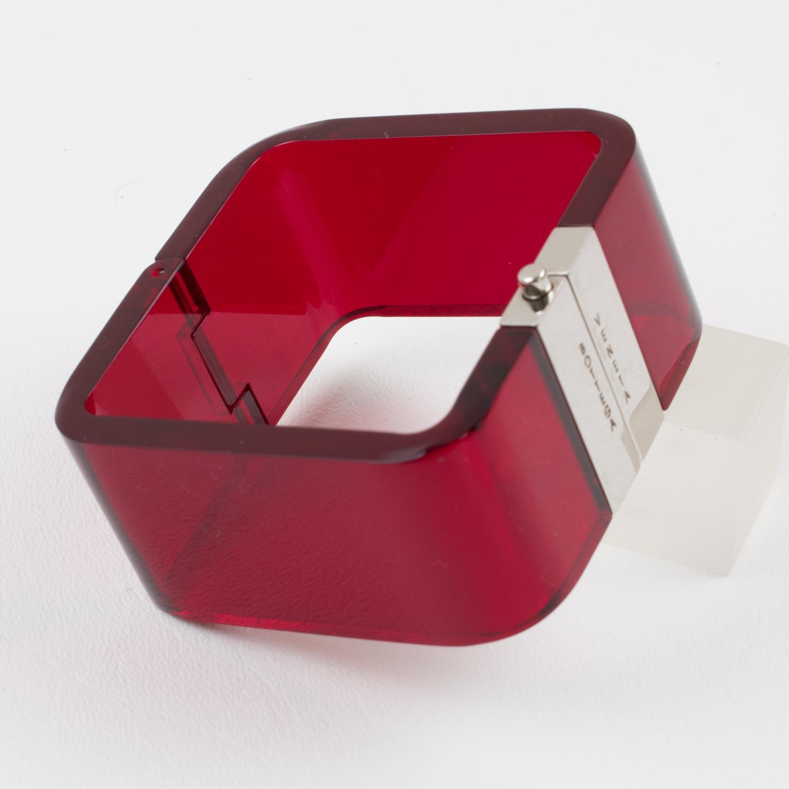 Modernist Bottega Veneta Red Acrylic and Chrome Clamper Bracelet For Sale