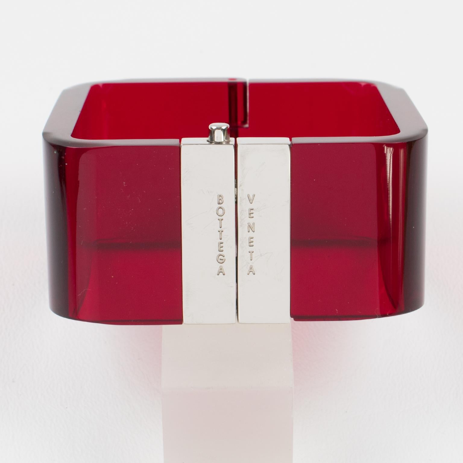Bottega Veneta Red Acrylic and Chrome Clamper Bracelet In Good Condition For Sale In Atlanta, GA