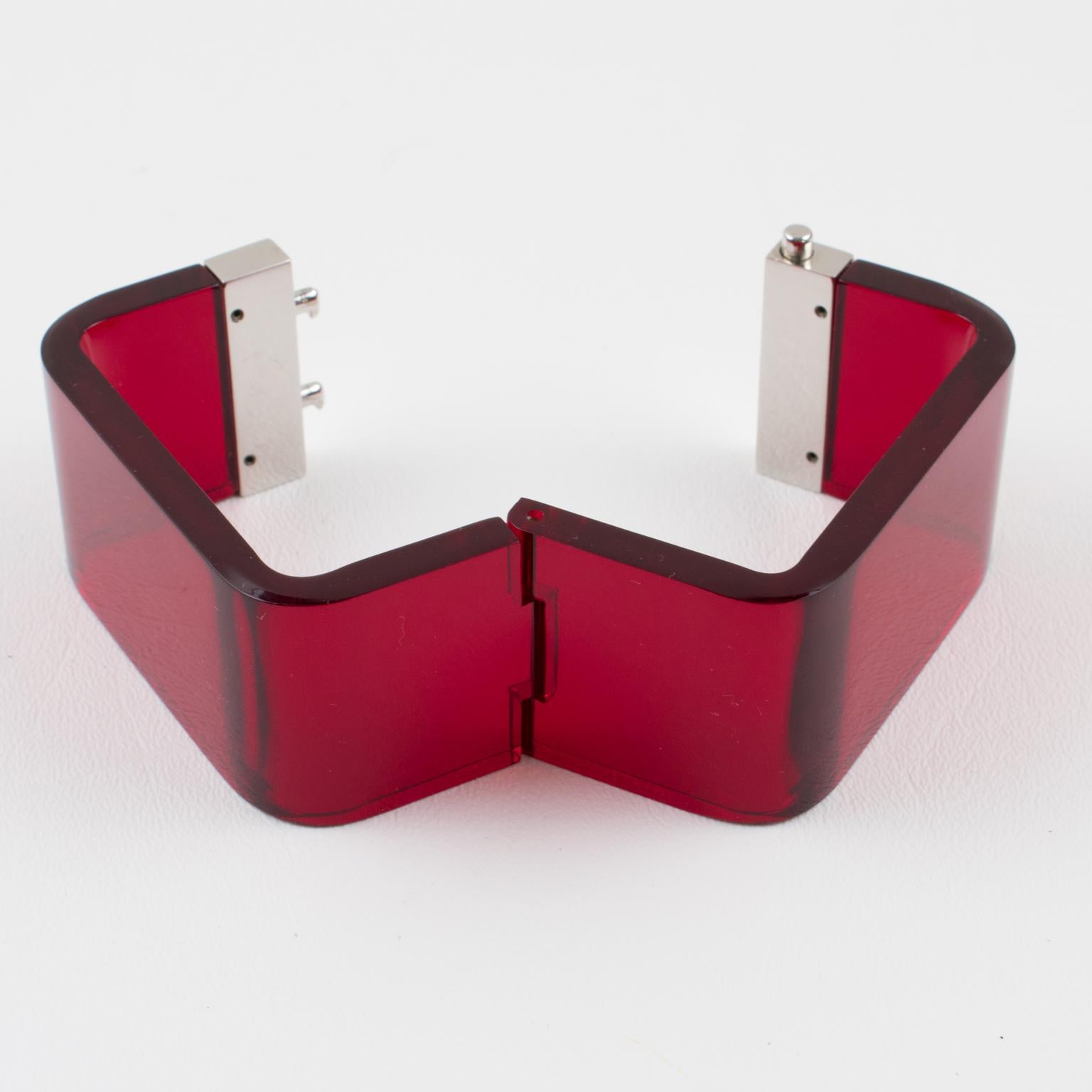 Bottega Veneta Red Acrylic and Chrome Clamper Bracelet For Sale 1