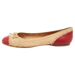 Bottega Veneta Red/Beige Leather and Raffia Bow Ballet Flats Size 40
