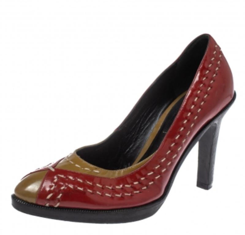 Women's Bottega Veneta Red/Brown Patent Leather Pumps Size 35.5 For Sale