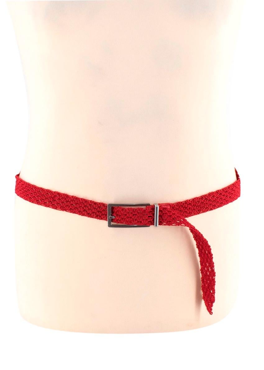 Bottega Veneta Red Cord Woven Belt with Silver-Tone Metal Buckle
 

 - Chili red woven cord, reminiscent of the Brand's signature intrecciato leather weave
 - Tonal red leather and silver-tone metal simple belt buckle with logo debossing 
 

