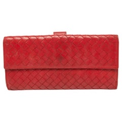 Used Bottega Veneta Red Intrecciato Leather Flap Continental Wallet
