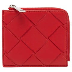 Bottega Veneta Red Intrecciato Leather Half Zip Wallet