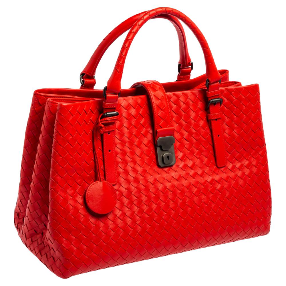 Women's Bottega Veneta Red Intrecciato Leather Medium Roma Tote