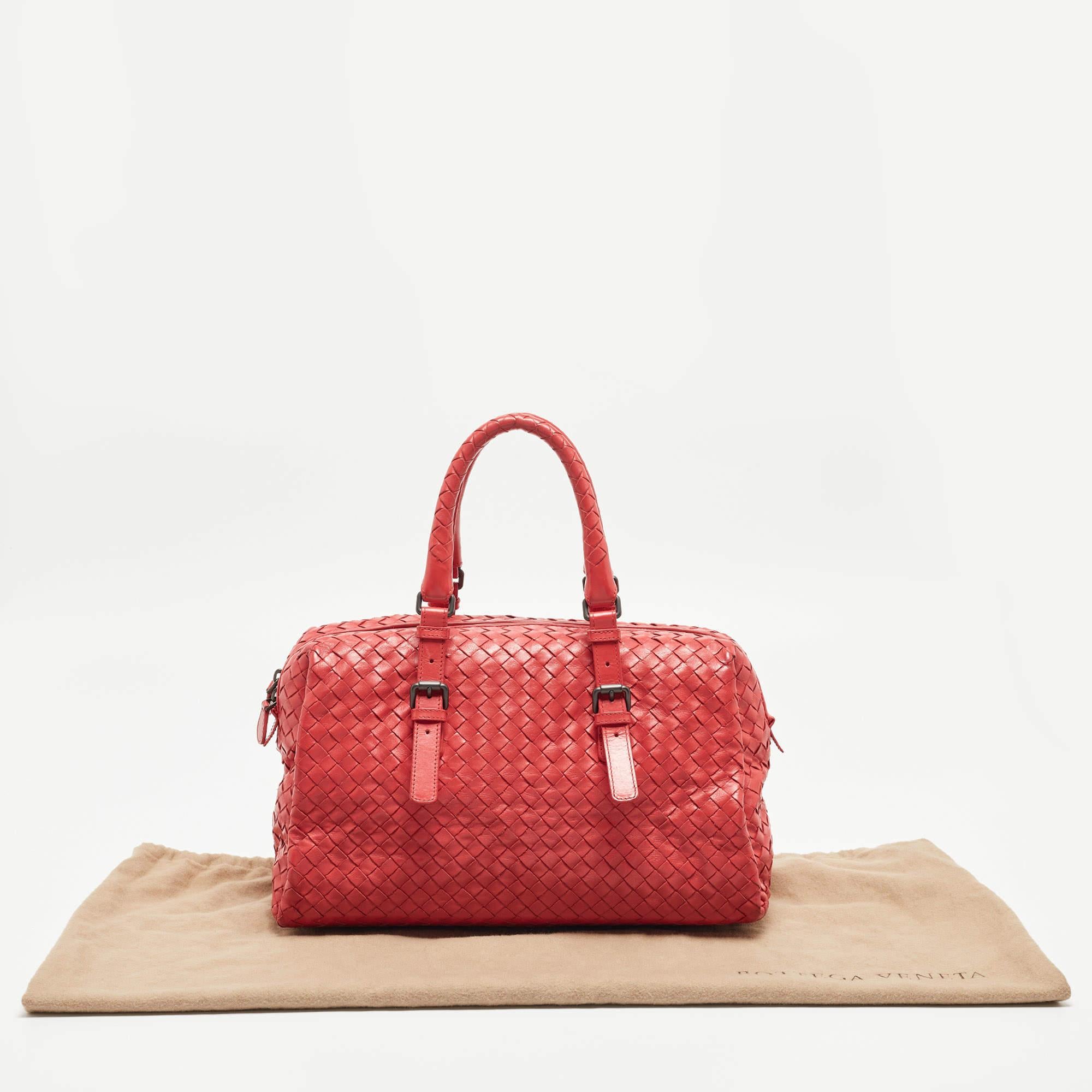 Bottega Veneta Red Intrecciato Leather New Boston Bag For Sale 8