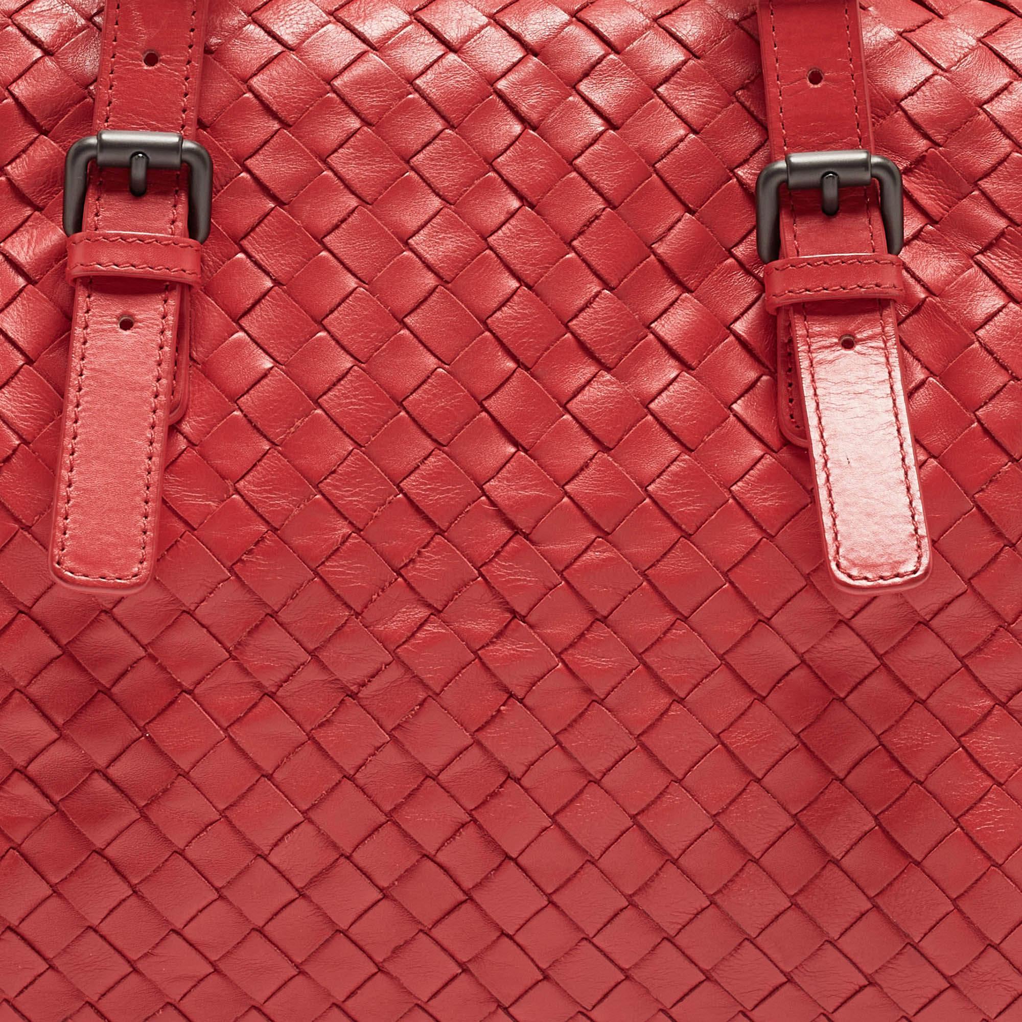 Bottega Veneta Red Intrecciato Leather New Boston Bag For Sale 9