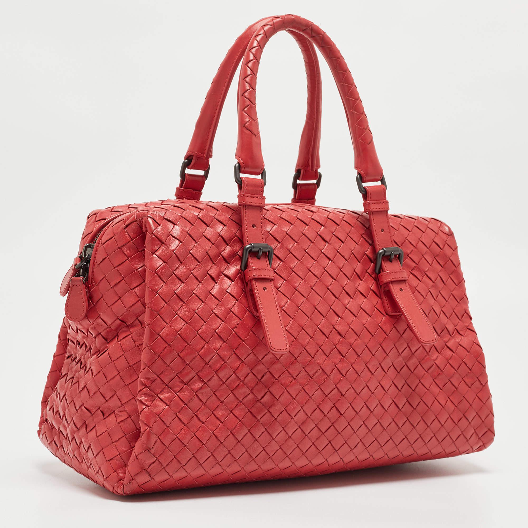 Bottega Veneta Red Intrecciato Leather New Boston Bag For Sale 10