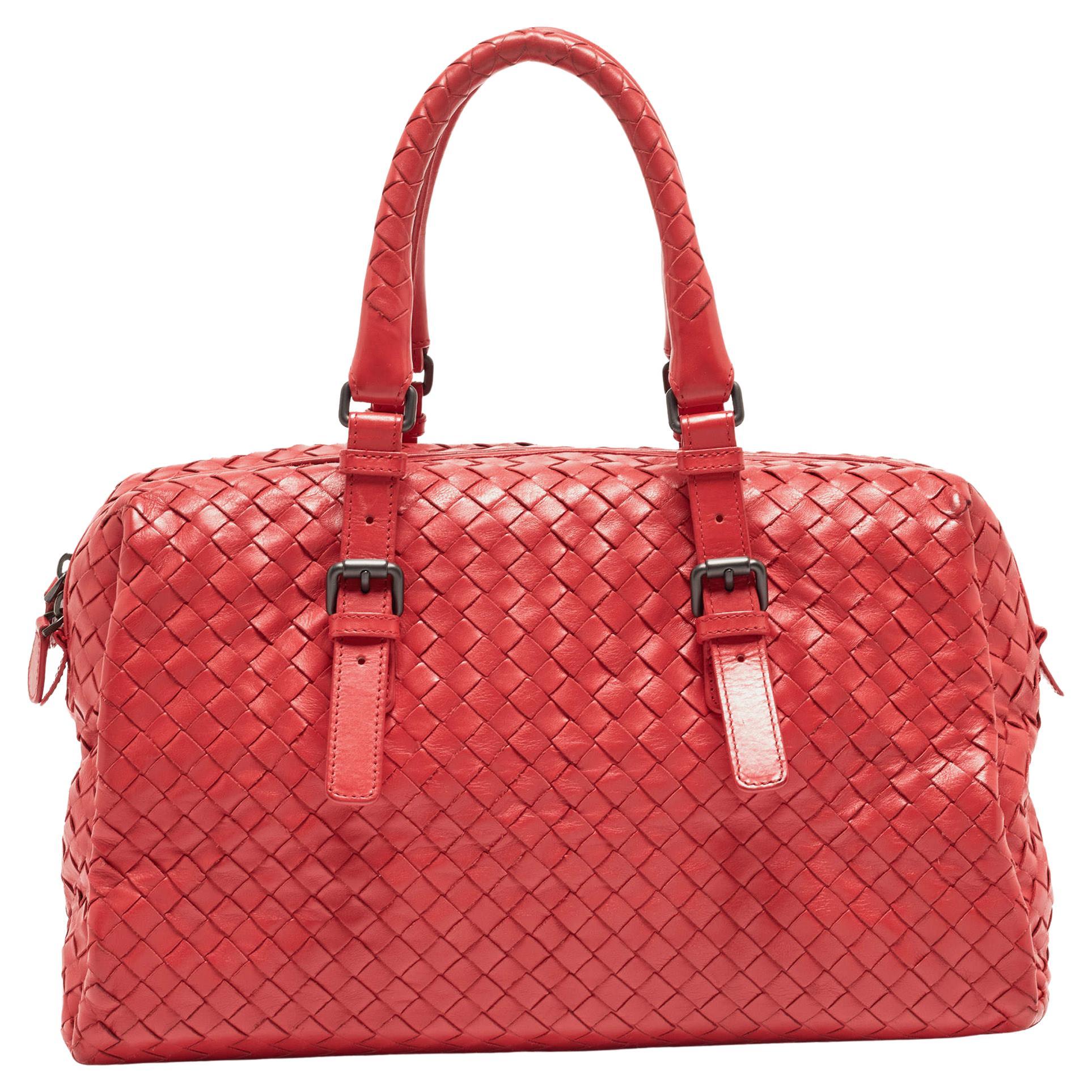 Bottega Veneta Red Intrecciato Leather New Boston Bag For Sale