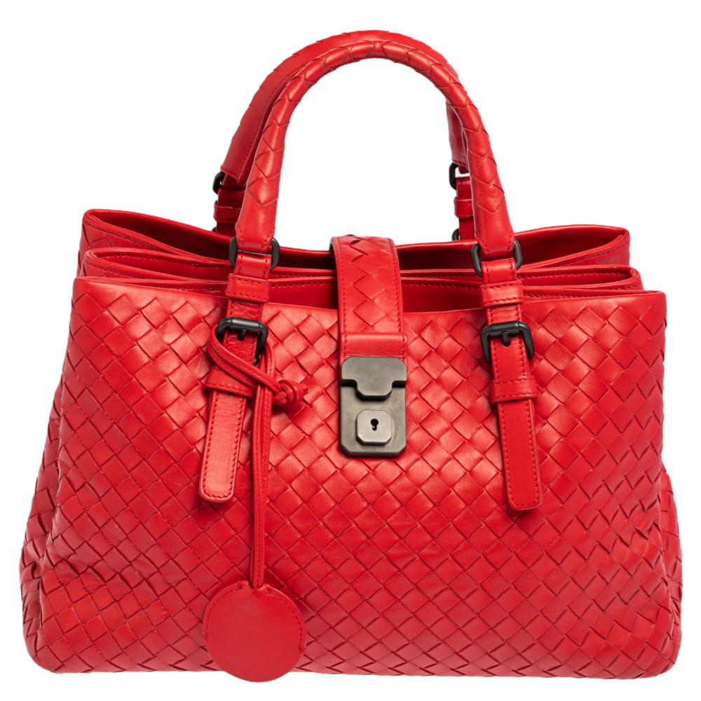 Bottega Red Intrecciato Nappa Leather Convertible Tote at