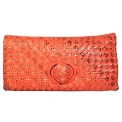 Bottega Veneta Red Leather Snakeskin Intrecciato Turn Lock Clutch