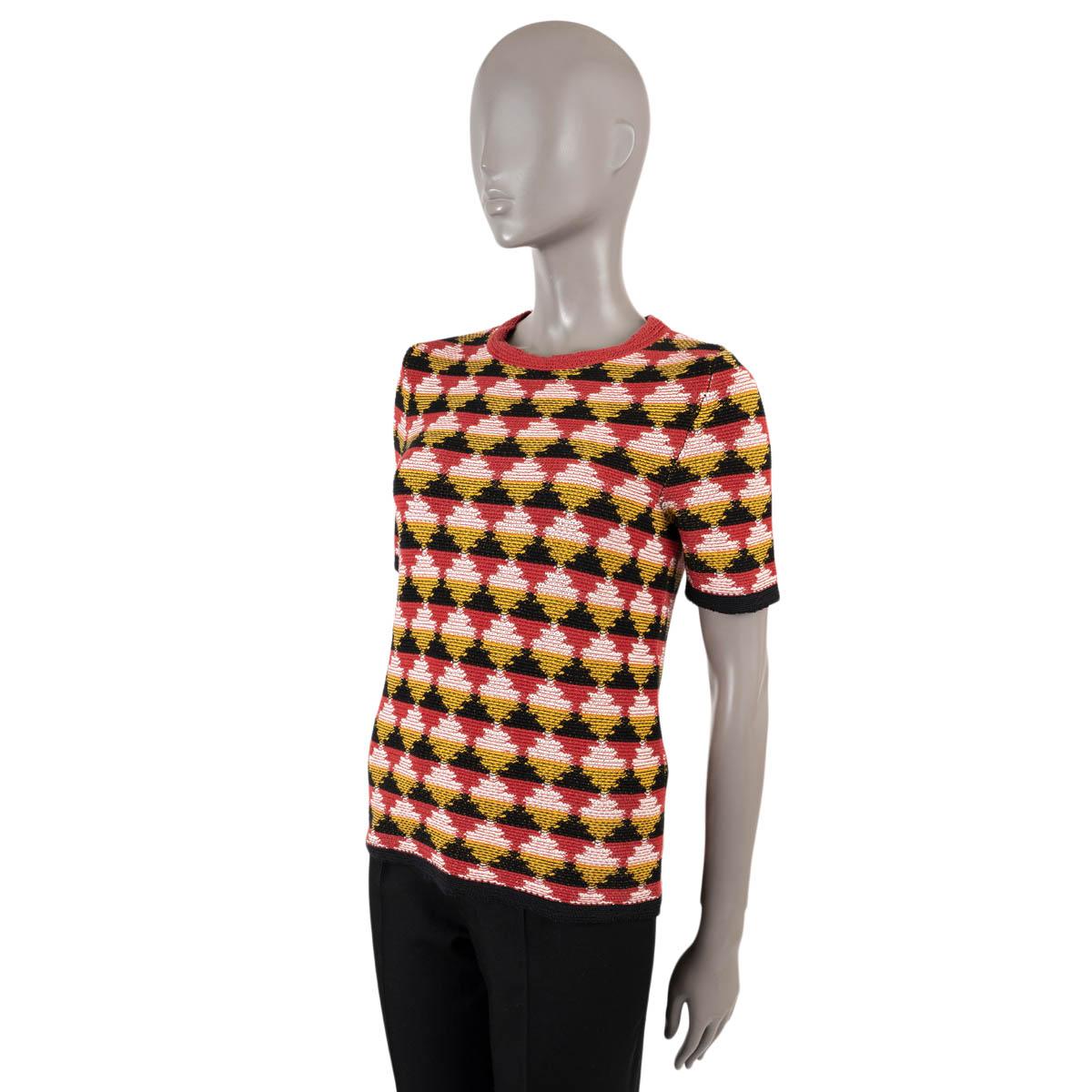 100% authentic Bottega Veneta jacquared knit T-shirt in red, yellow, black and white cotton (with 7% polyamide). Features a round neck and short sleeves. Has been worn and is in excellent condition. 

Measurements
Tag Size	40
Size	S
Shoulder