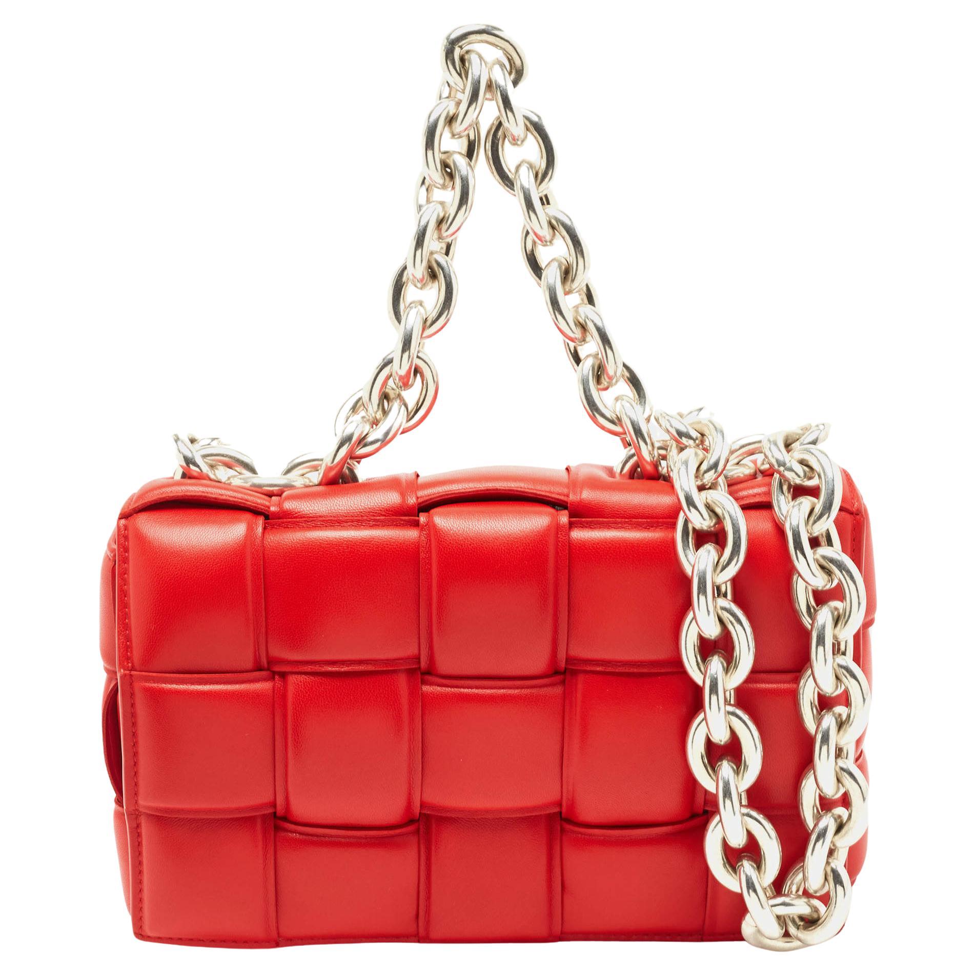 Bottega Veneta Red Padded Leather Chain Cassette Shoulder Bag For Sale