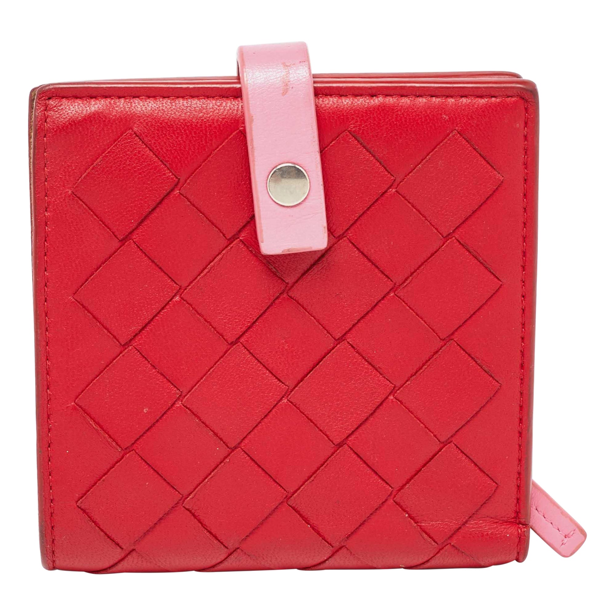 Bottega Veneta Red/Pink Intrecciato Leather French Compact Wallet