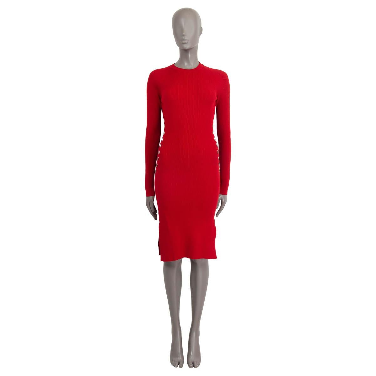 100% authentic Mugler studded rib knit bodycon dress in red viscose (72%) and elite (28%). Features long raglan sleeves (sleeve measurements taken from the neck) and a slit on the front and back. Unlined. Brand new, with tags.

Measurements
Tag