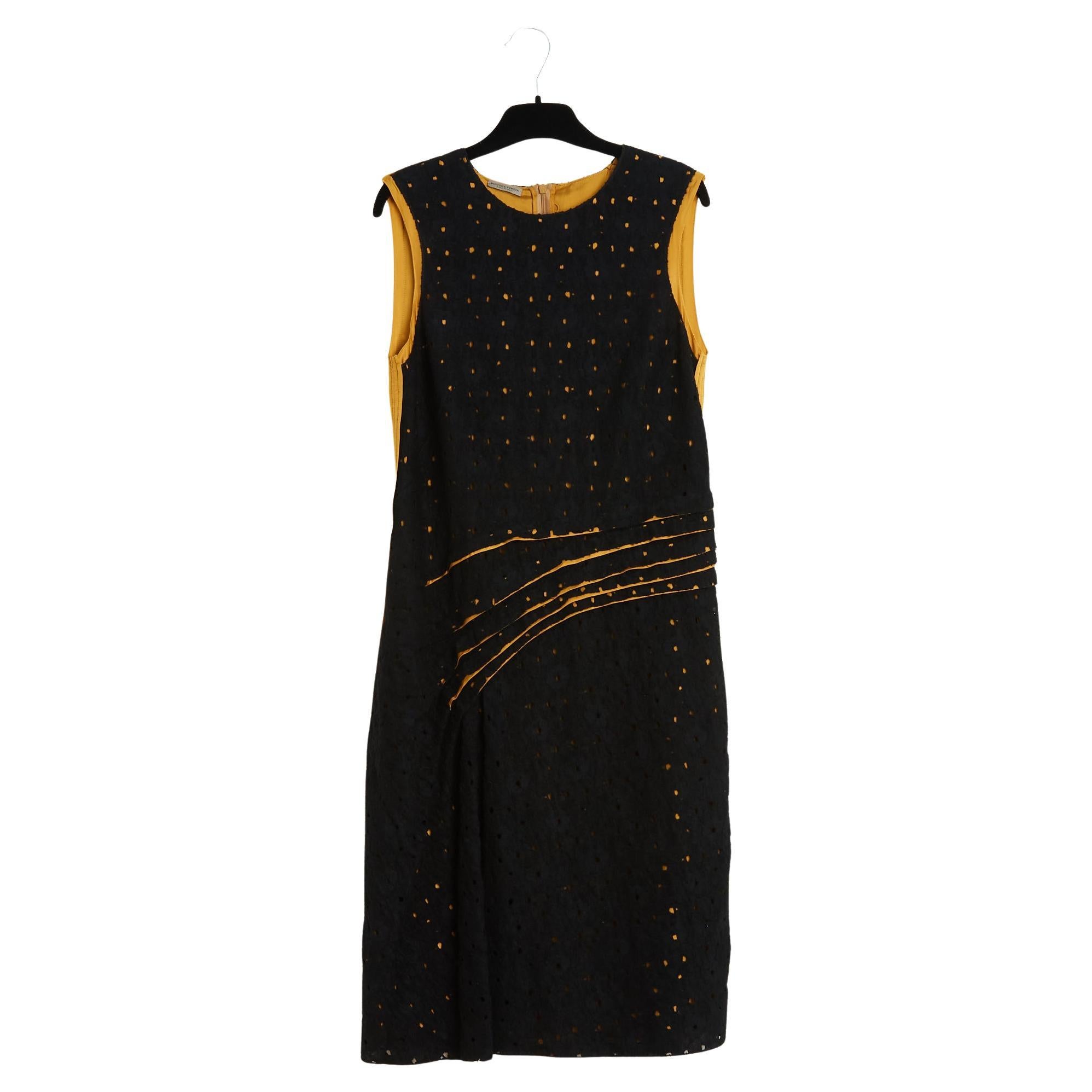 Bottega Veneta Robe Laine Soie IT38 FR34 Safron Silk Black Wool Dress UK6 US4