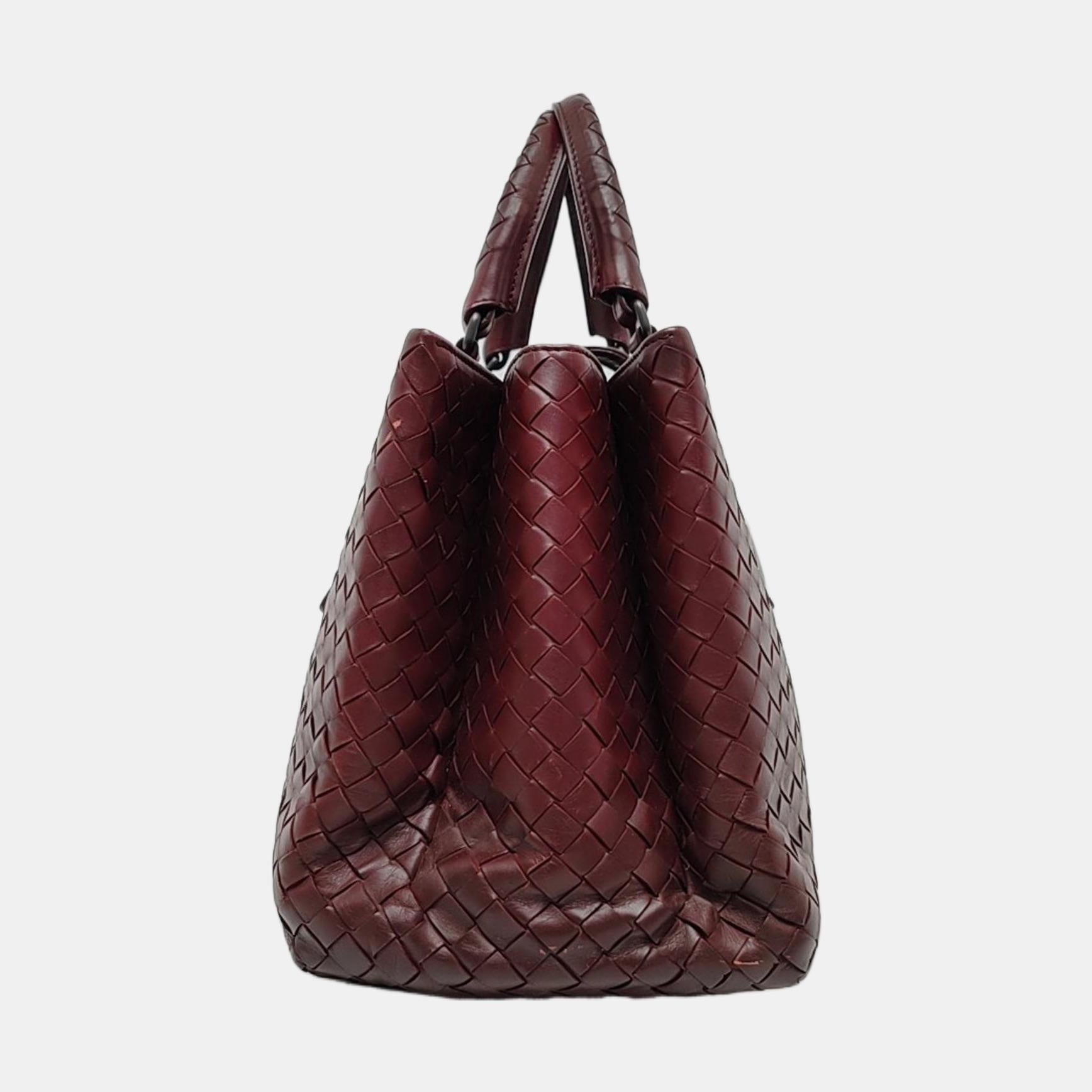 Noir Bottega Veneta Roma Sac à main Intrecciato Nappa Leather Burgundy Medium 30cm en vente