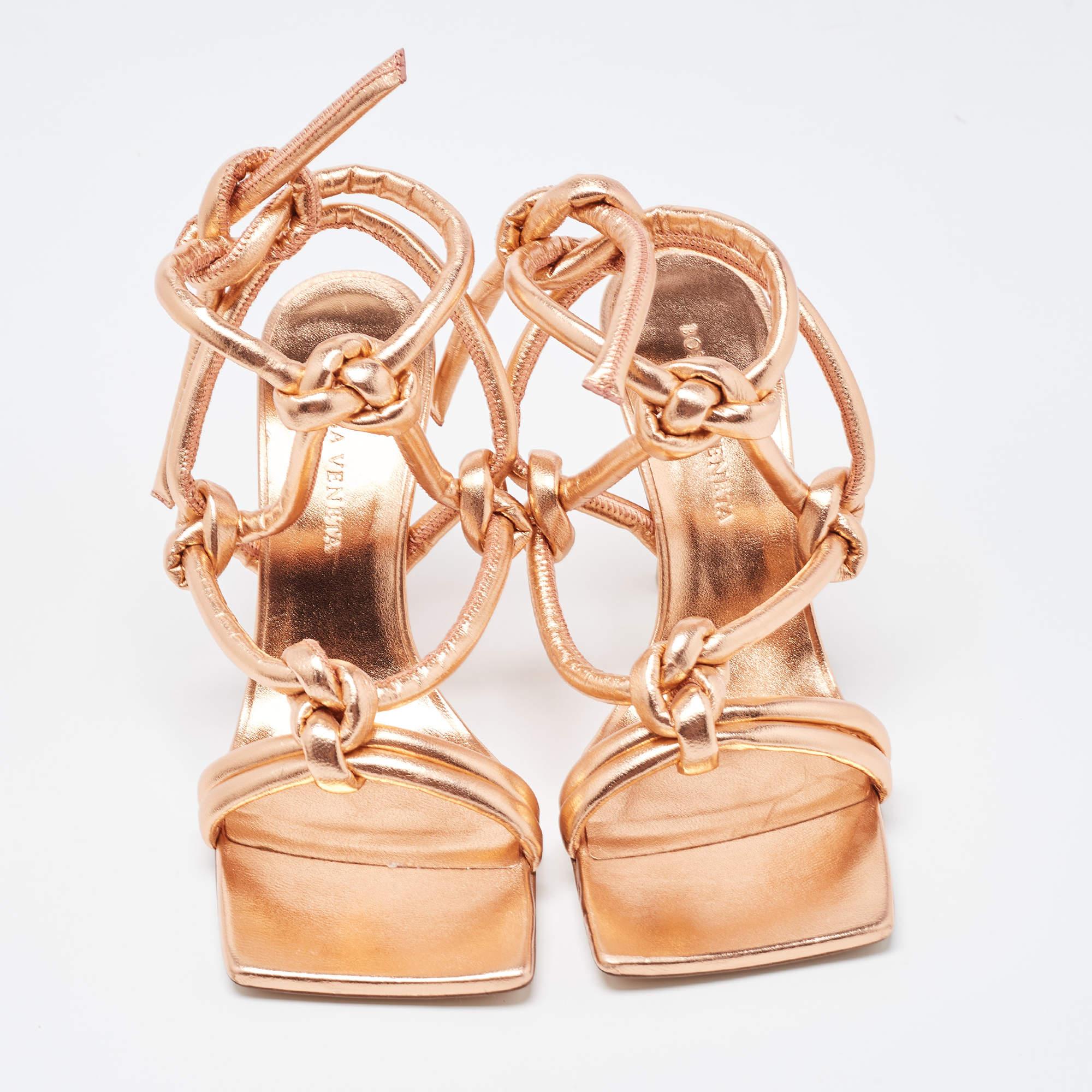 Bottega Veneta Rose Gold Knotted Leather Ankle Tie Sandals Size 36 In New Condition In Dubai, Al Qouz 2