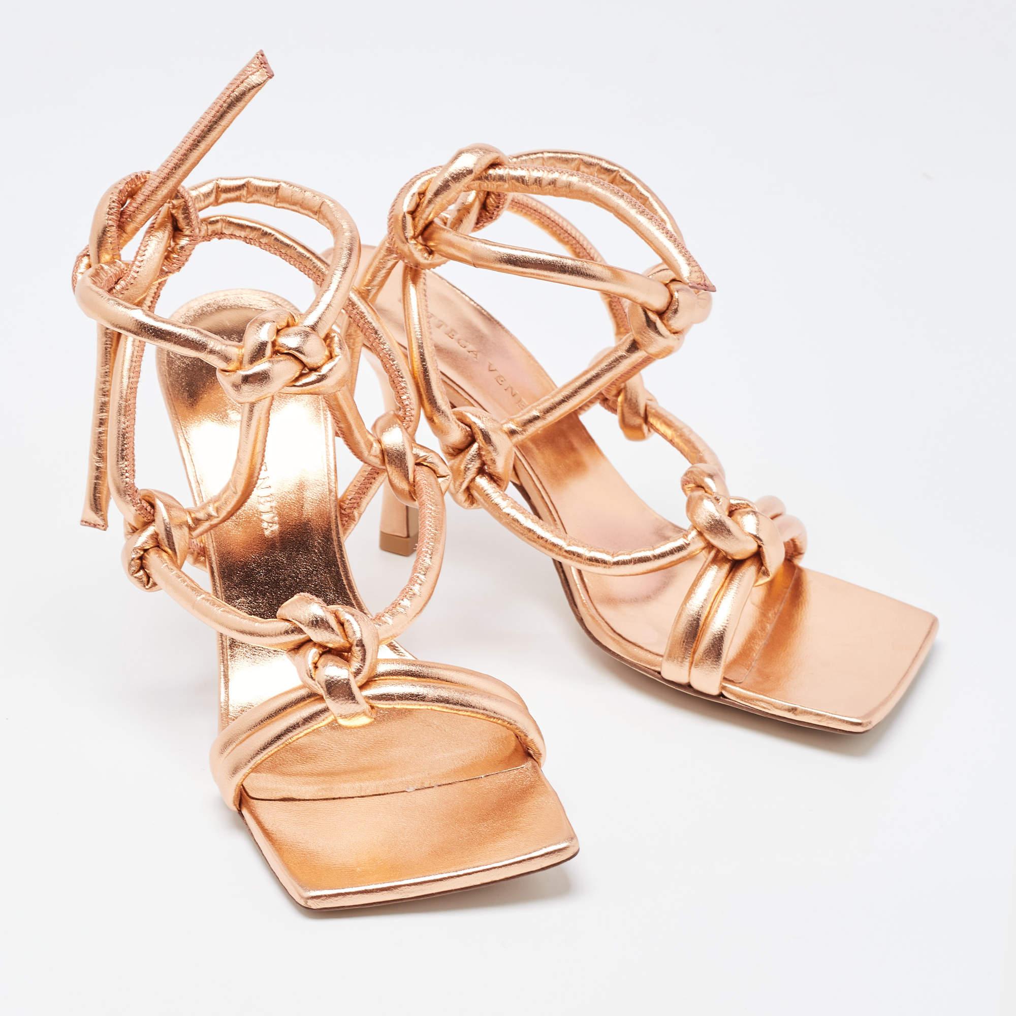 Women's Bottega Veneta Rose Gold Knotted Leather Ankle Tie Sandals Size 36