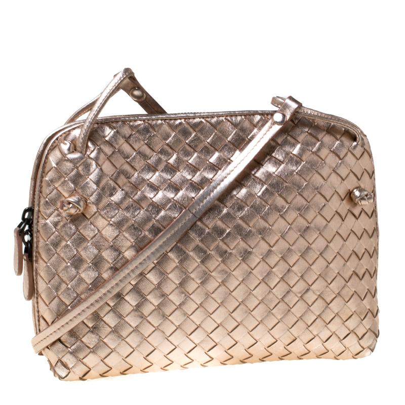 Women's Bottega Veneta Rose Gold Metallic Intrecciato Leather Nodini Crossbody Bag