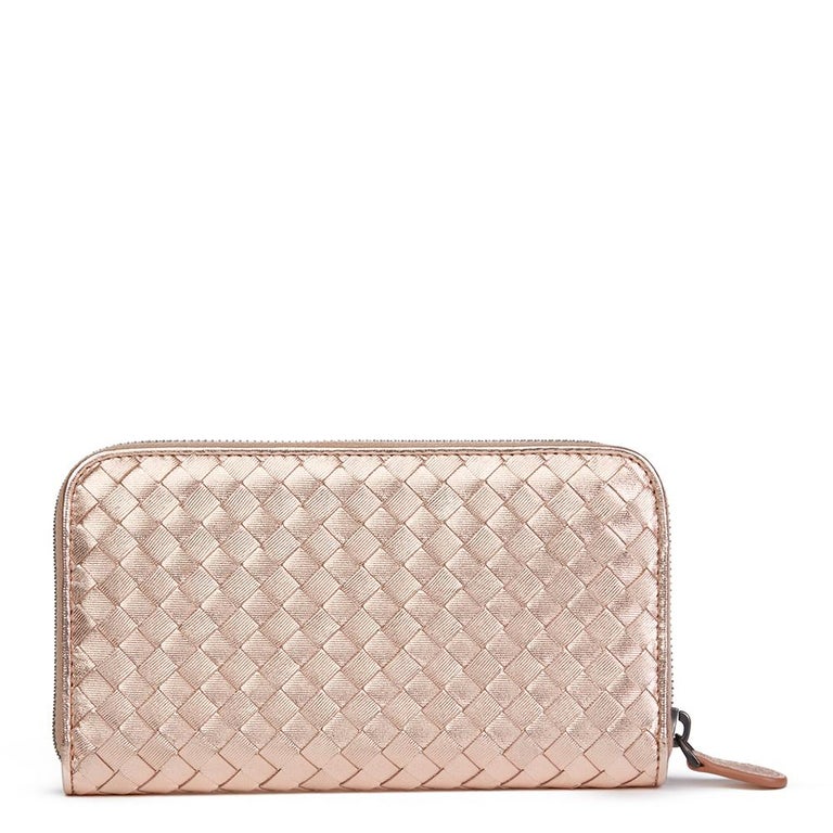 Bottega Rose Gold Woven Metallic Calfskin Leather Zip Around