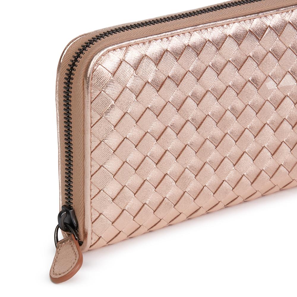Bottega Rose Gold Woven Metallic Calfskin Leather Zip Around