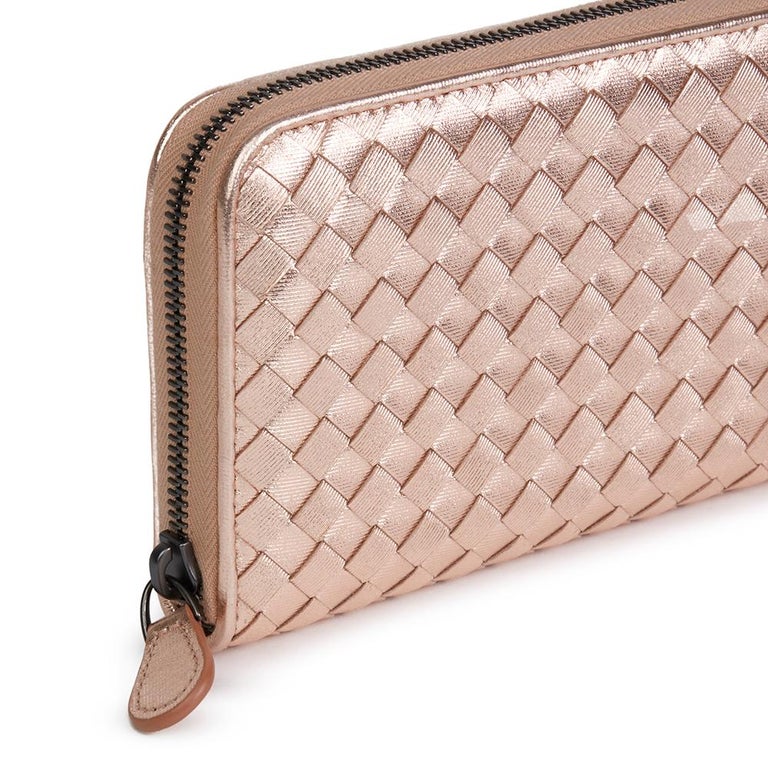 Bottega Rose Gold Woven Metallic Calfskin Leather Zip Around