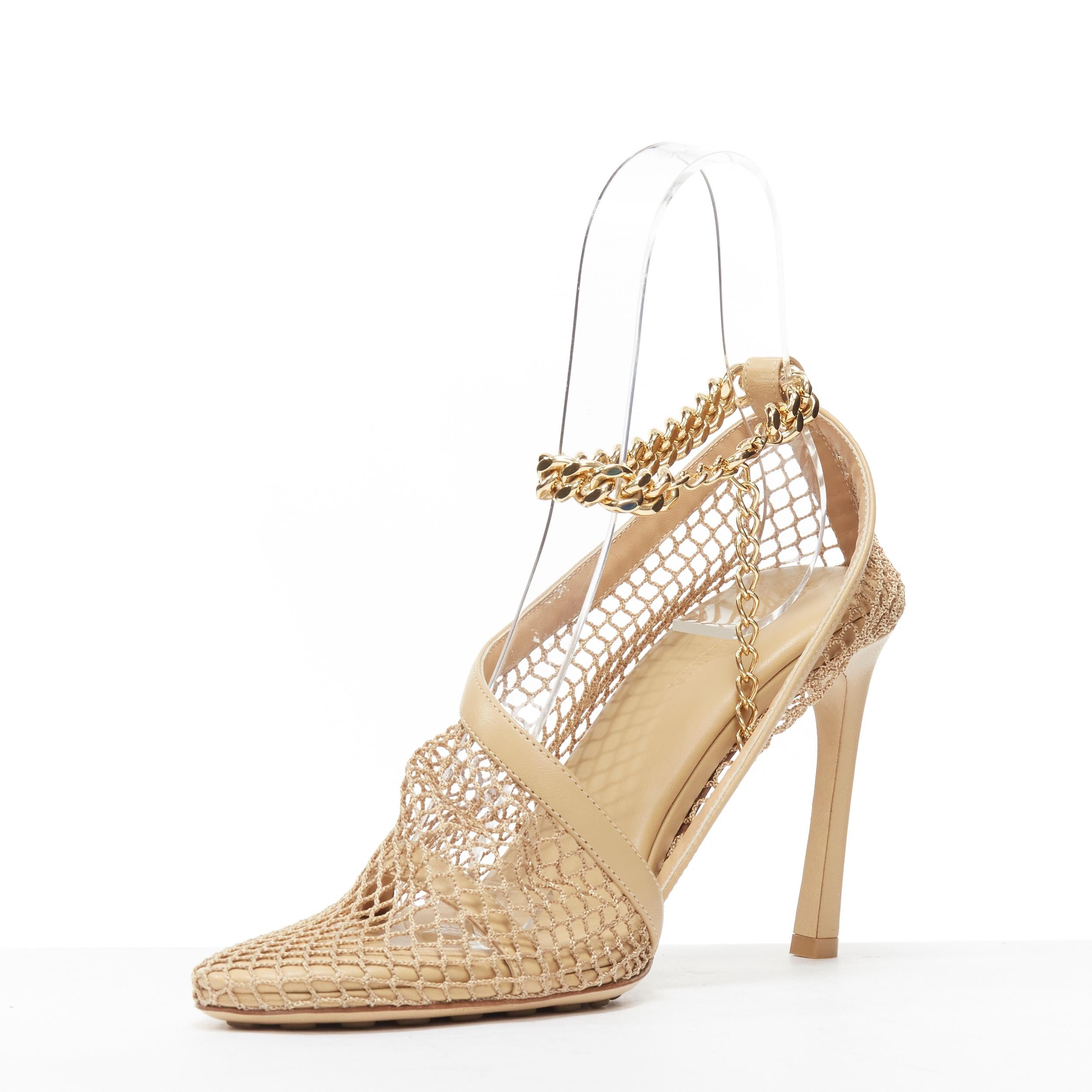 BOTTEGA VENETA Runway Daniel Lee beige fishnet gold ankle chain high heel EU39.5 In Excellent Condition For Sale In Hong Kong, NT