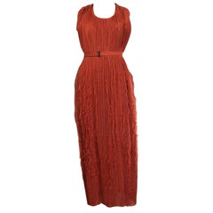 Bottega Veneta ruggine poliestere PLISSE PLEATED FEATHER BELTE MAXI Dress 36 XXS