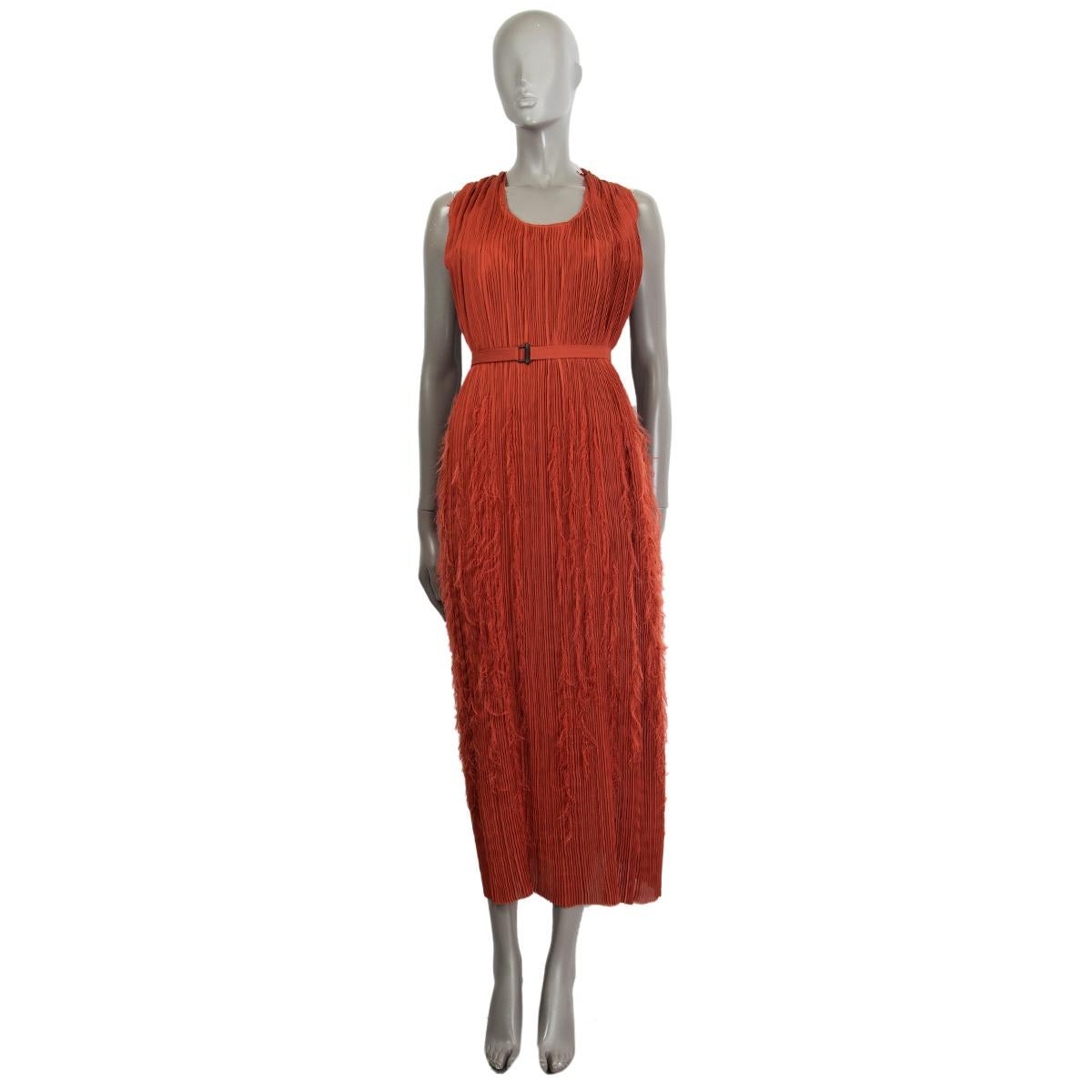 BOTTEGA VENETA rust polyester PLISSE PLEATED FEATHER BELTE MAXI Dress 42 M For Sale