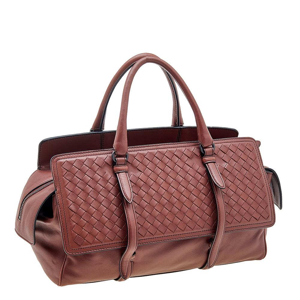 Women's Bottega Veneta Rust Red Intrecciato Leather Monaco Satchel