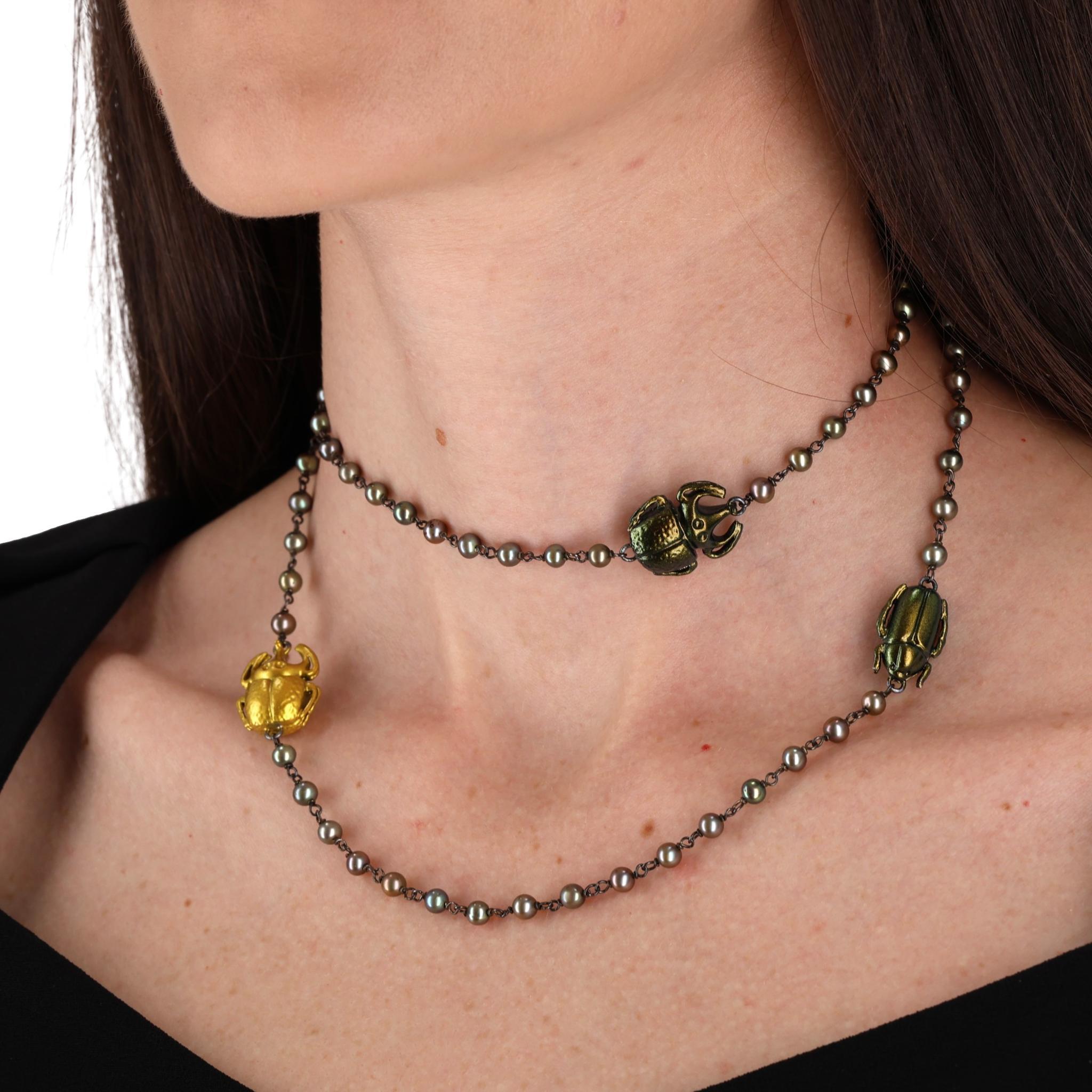 Bottega Veneta Scarab Necklace With Fresh Water Pearls, Oxidized Sterling Silver In Excellent Condition For Sale In London, GB