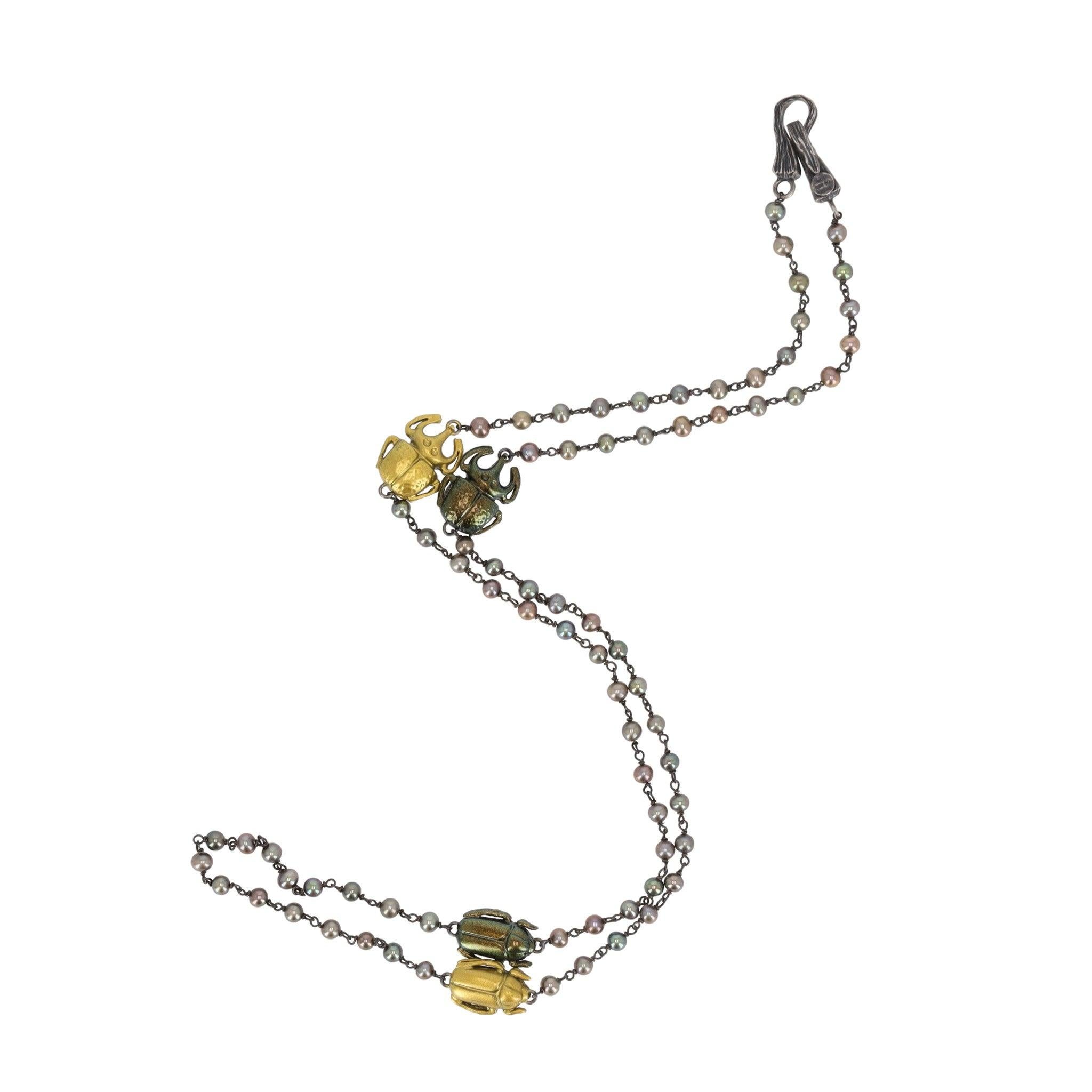Women's Bottega Veneta Scarab Necklace With Fresh Water Pearls, Oxidized Sterling Silver For Sale
