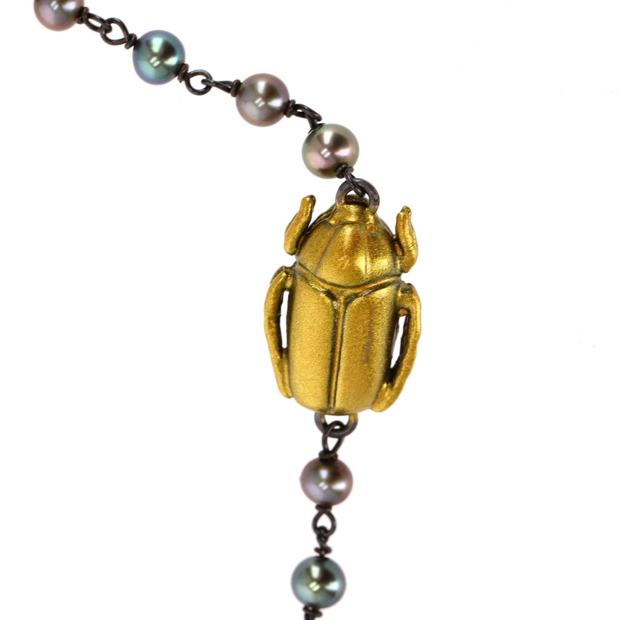 Bottega Veneta Scarab Necklace With Fresh Water Pearls, Oxidized Sterling Silver For Sale 1